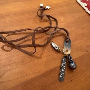 Brown Leather Cord 23-inch Necklace w/ Love Word & Others Charms Pendant -NEW